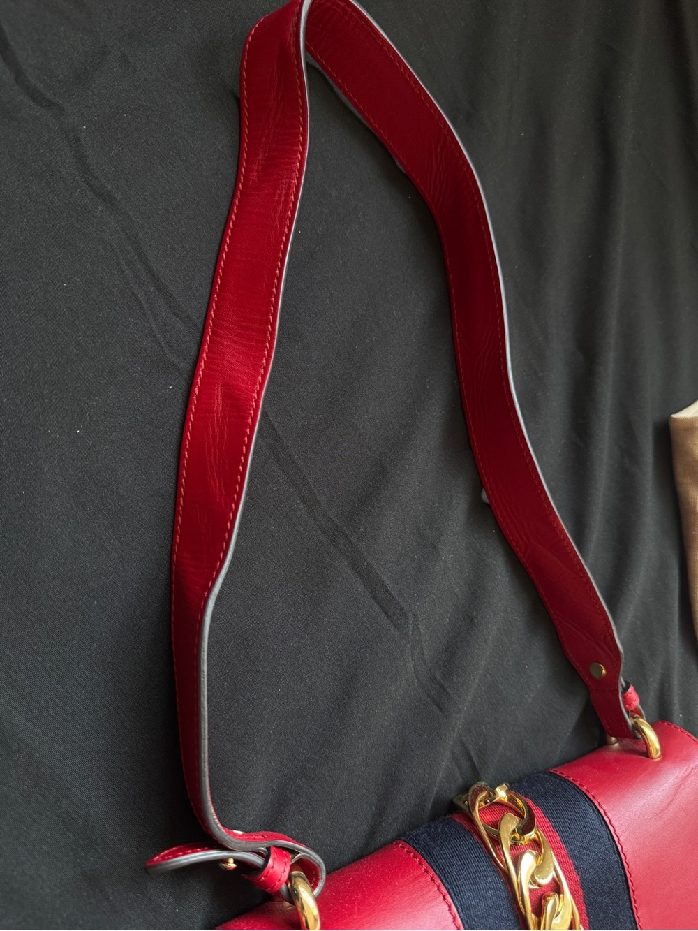 Gucci Sylvie Red Medium Leather Chain-Accent Crossbody Bag with Navy Stripe - Picture 5 of 14